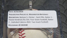 Load image into Gallery viewer, 2019 Howie Kendrick Washington Nationals Game Used Fly Out MLB Baseball! Eflin 