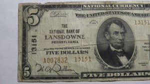 $5 1929 Lansdowne Pennsylvania PA National Currency Bank Note Bill Ch. #13151