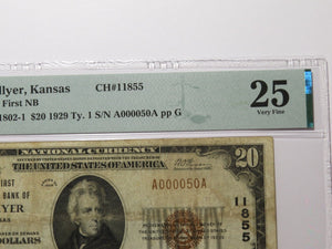 $20 1929 Collyer Kansas KS National Currency Bank Note Bill Ch. #11855 VF25 PMG