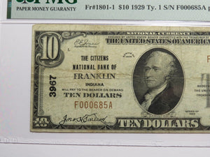 $10 1929 Franklin Indiana IN National Currency Bank Note Bill Ch. #3967 VF25 PMG