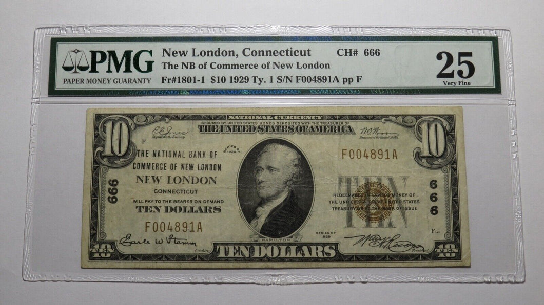 $10 1929 New London Connecticut CT National Currency Bank Note Bill 666 VF25 PMG