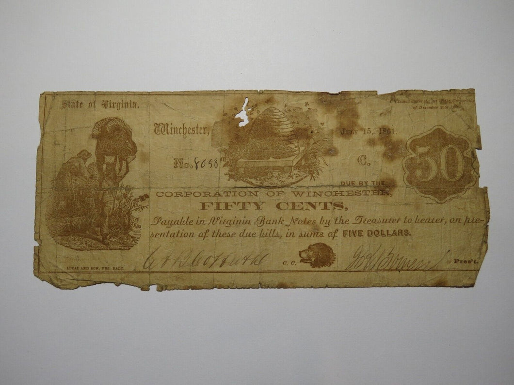 $.50 1861 Winchester Virginia VA Obsolete Currency Bank Note Bill Corp. of Win.