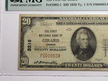 Load image into Gallery viewer, $20 1929 Girard Kansas National Currency Bank Note Bill #3216 PMG VF20 Serial #3