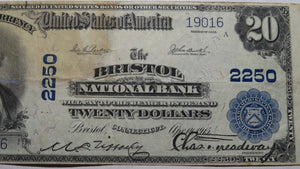 $20 1902 Bristol Connecticut CT National Currency Bank Note Bill! Ch. #2250 VF+