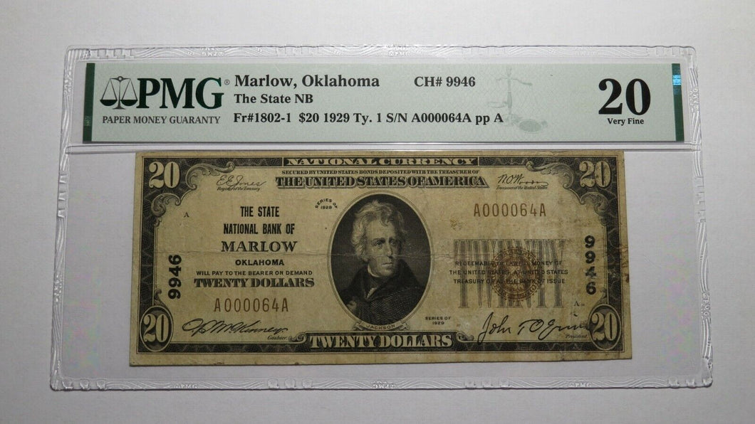 $20 1929 Marlow Oklahoma OK National Currency Bank Note Bill Ch. #9946 VF20 PMG