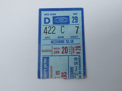 January 20, 1982 New York Rangers Vs. New York Islanders NHL Hockey Ticket Stub