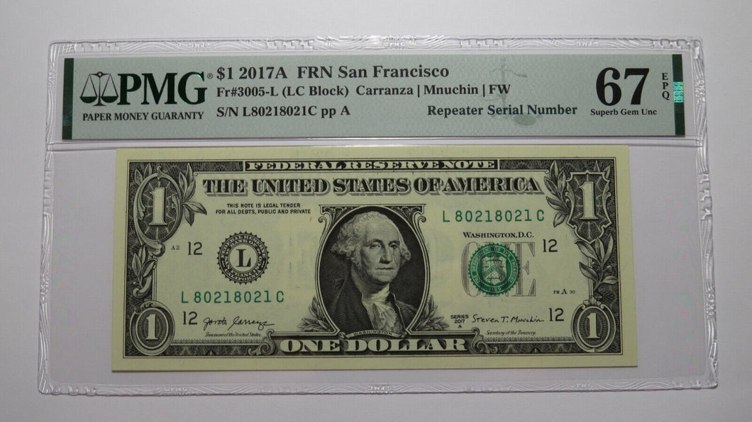 $1 2017 Repeater Serial Number Federal Reserve Currency Bank Note Bill PMG UNC67