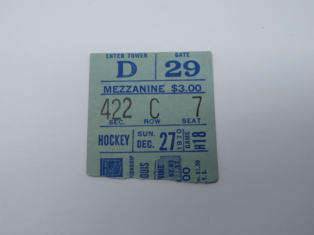 December 27, 1970 New York Rangers Vs. St. Louis Blues NHL Hockey Ticket Stub