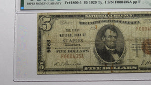 $5 1929 Staples Minnesota MN National Currency Bank Note Bill Ch #5568 VG10 PMG