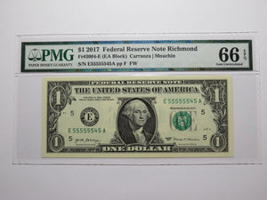 $1 2017 Near Solid Serial Number Federal Reserve Bank Note Bill UNC66 #55555545