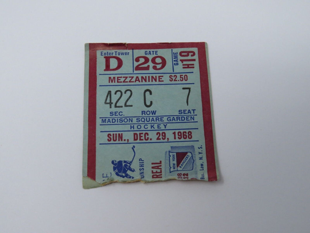 December 29, 1968 New York Rangers Vs Montreal Canadiens NHL Hockey Ticket Stub