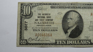 $10 1929 Nazareth Pennsylvania PA National Currency Bank Note Bill! Ch. #5077 VF