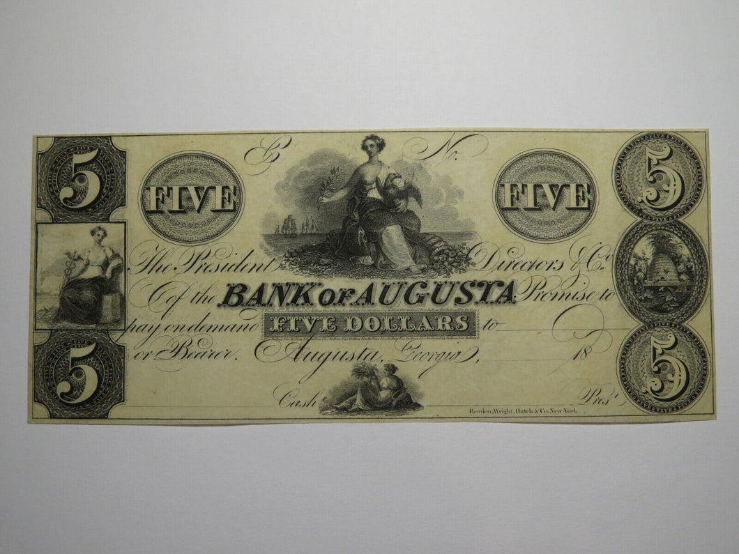 $5 18__ Augusta Georgia Obsolete Currency Note Bill Remainder Bank of Augusta