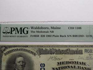 $20 1902 Waldoboro Maine ME National Currency Bank Note Bill #1108 VF25 PMG