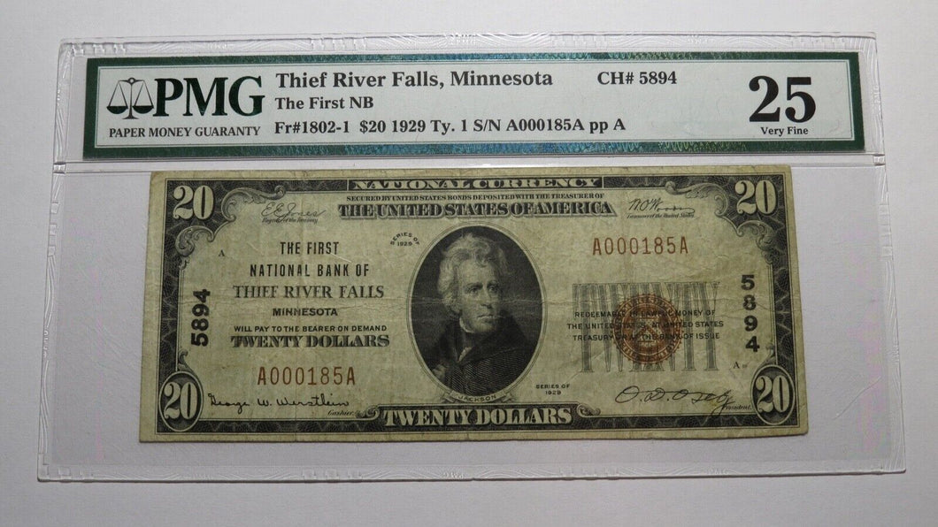 $20 1929 Thief River Falls Minnesota MN National Currency Bank Note Bill #5894