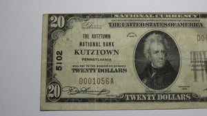 $20 1929 Kutztown Pennsylvania PA National Currency Bank Note Bill Ch. #5102 VF