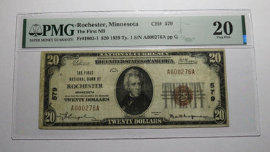 $20 1929 Rochester Minnesota MN National Currency Bank Note Bill #579 VF20 PMG