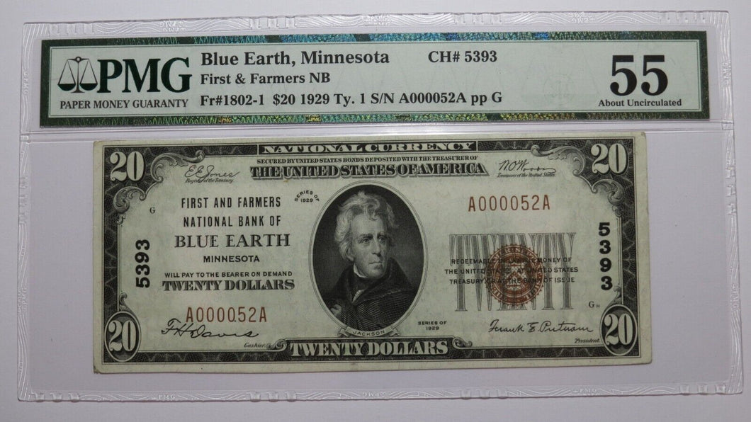 $20 1929 Blue Earth Minnesota MN National Currency Bank Note Bill #5393 AU55 PMG