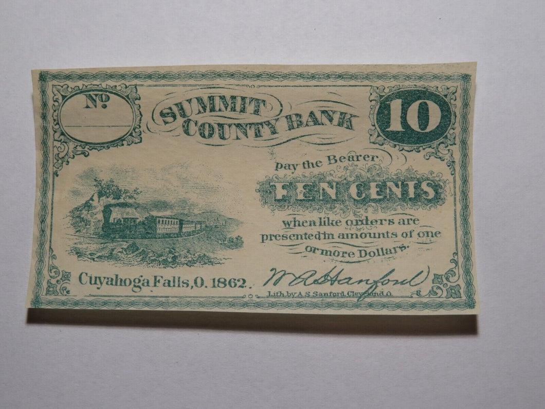 $.10 1862 Cuyahoga Falls Ohio OH Obsolete Currency Bank Note Bill Summit County