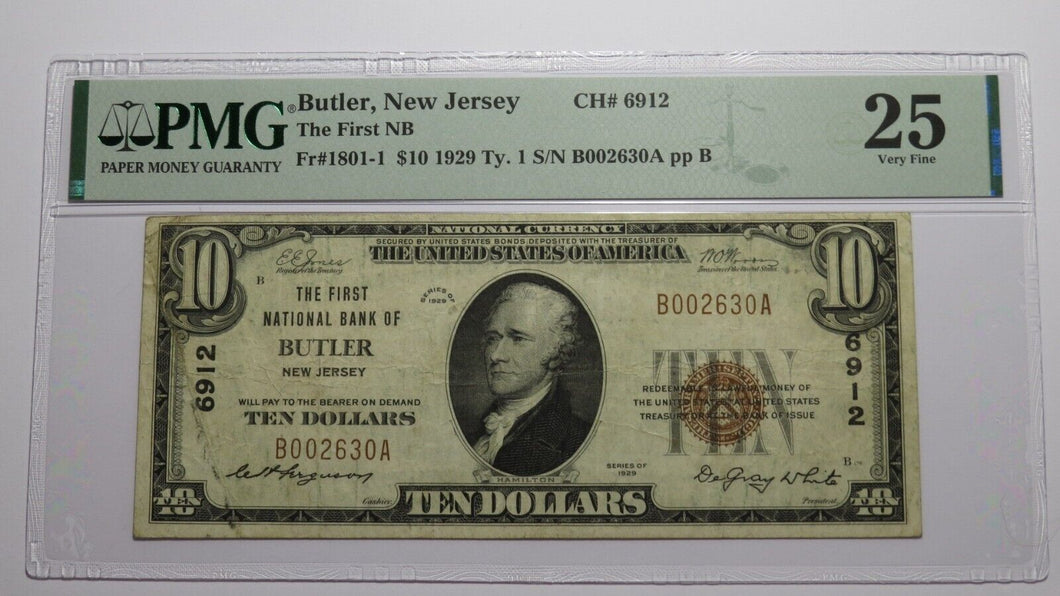 $10 1929 Butler New Jersey NJ National Currency Bank Note Bill Ch #6912 VF25 PMG