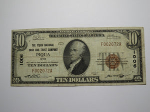 $10 1929 Piqua Ohio OH National Currency Bank Note Bill Charter #1006 FINE