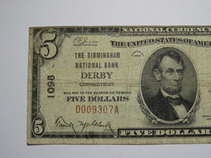 $5 1929 Derby Connecticut CT National Currency Bank Note Bill #1098 Birmingham