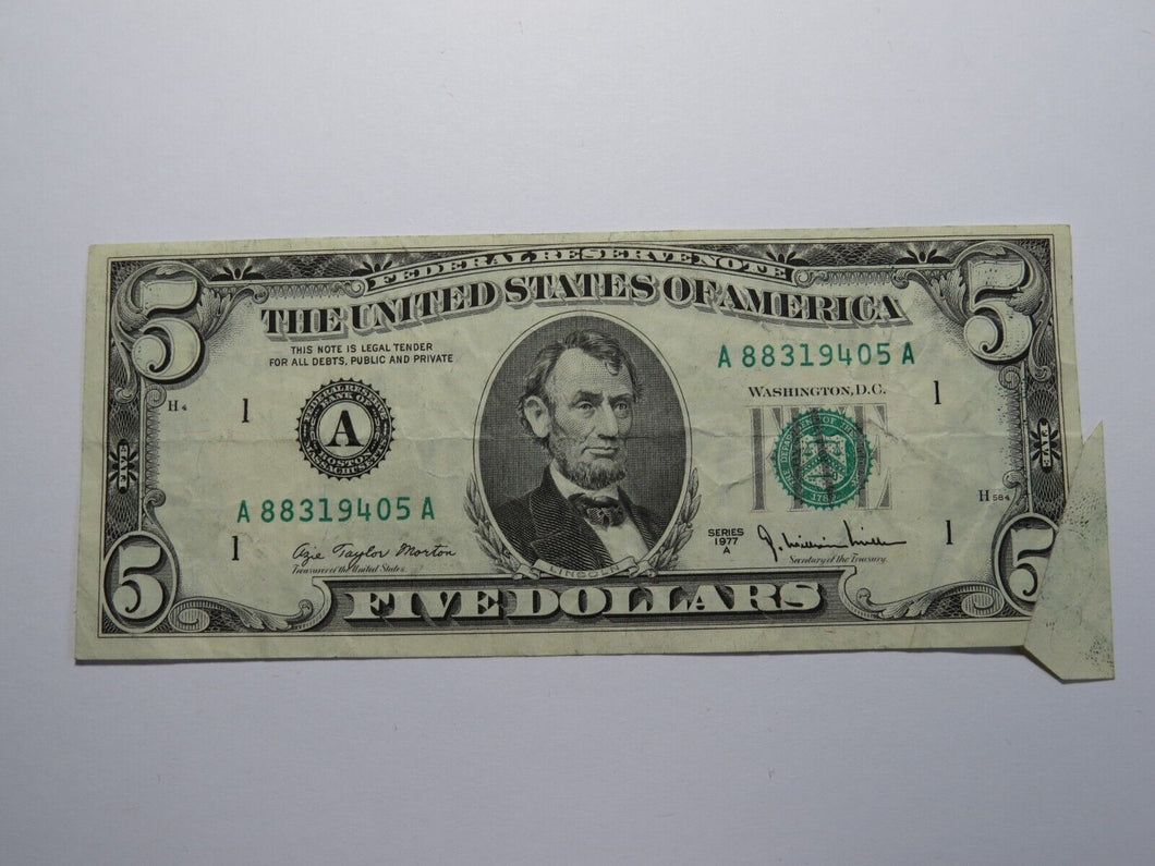 $5 1977 Printed Fold Error Boston MA Federal Reserve Bank Note Currency Bill VF