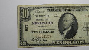 $10 1929 Montpelier Vermont VT National Currency Bank Note Bill Ch. #857 RARE!