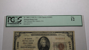 $20 1929 Ontario California CA National Currency Bank Note Bill! Ch. #13092 F12