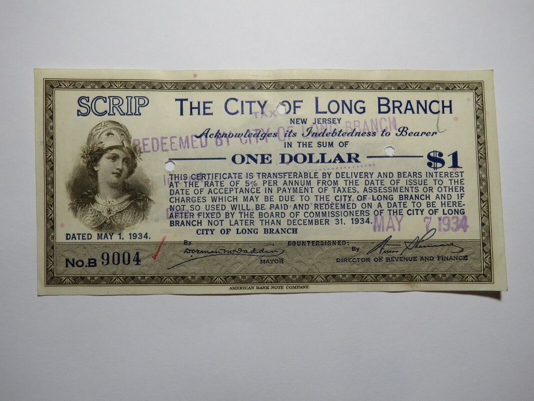 $1 1934 Long Branch New Jersey NJ Obsolete Currency Bank Note Scrip City of LB