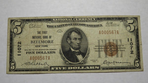 $5 1929 Bellmore New York NY National Currency Bank Note Bill! Ch. #11072 FINE!