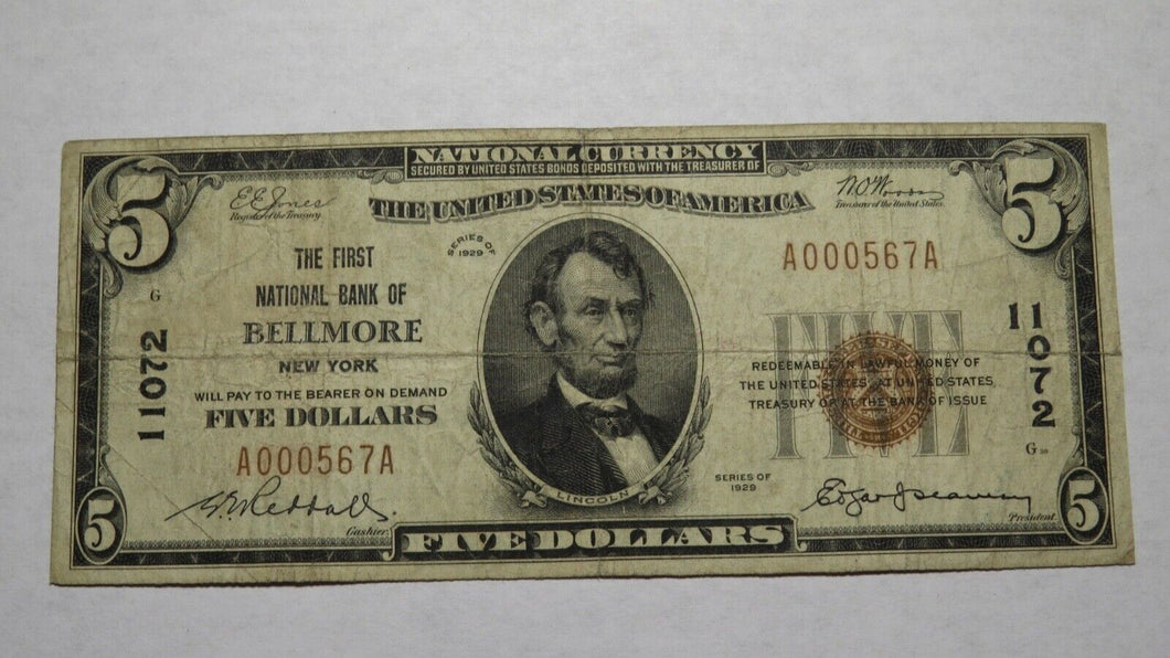 $5 1929 Bellmore New York NY National Currency Bank Note Bill! Ch. #11072 FINE!