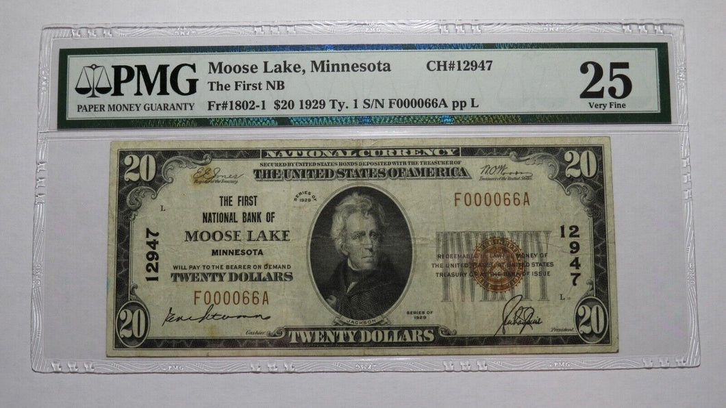 $20 1929 Moose Lake Minnesota MN National Currency Bank Note Bill Ch #12947 VF25