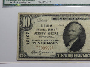 $10 1929 Jersey Shore Pennsylvania National Currency Bank Note Bill #13197 VF25