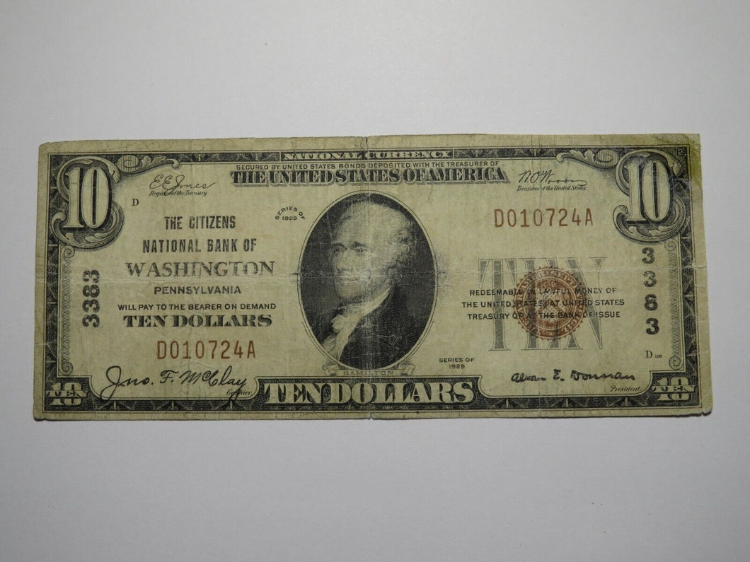 $10 1929 Washington Pennsylvania PA National Currency Bank Note Bill! Ch #3383