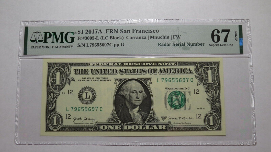 $1 2017 Radar Serial Number Federal Reserve Currency Bank Note Bill PMG UNC67EPQ