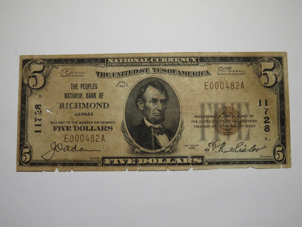 $5 1929 Richmond Kansas KS National Currency Bank Note Bill Charter #11728 RARE