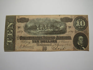 $10 1864 Richmond Virginia VA Confederate Currency Bank Note Bill RARE T68 VF+