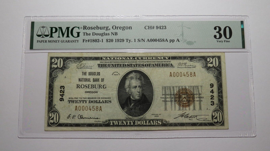 $20 1929 Roseburg Oregon OR National Currency Bank Note Bill Ch. #9423 VF30 PMG