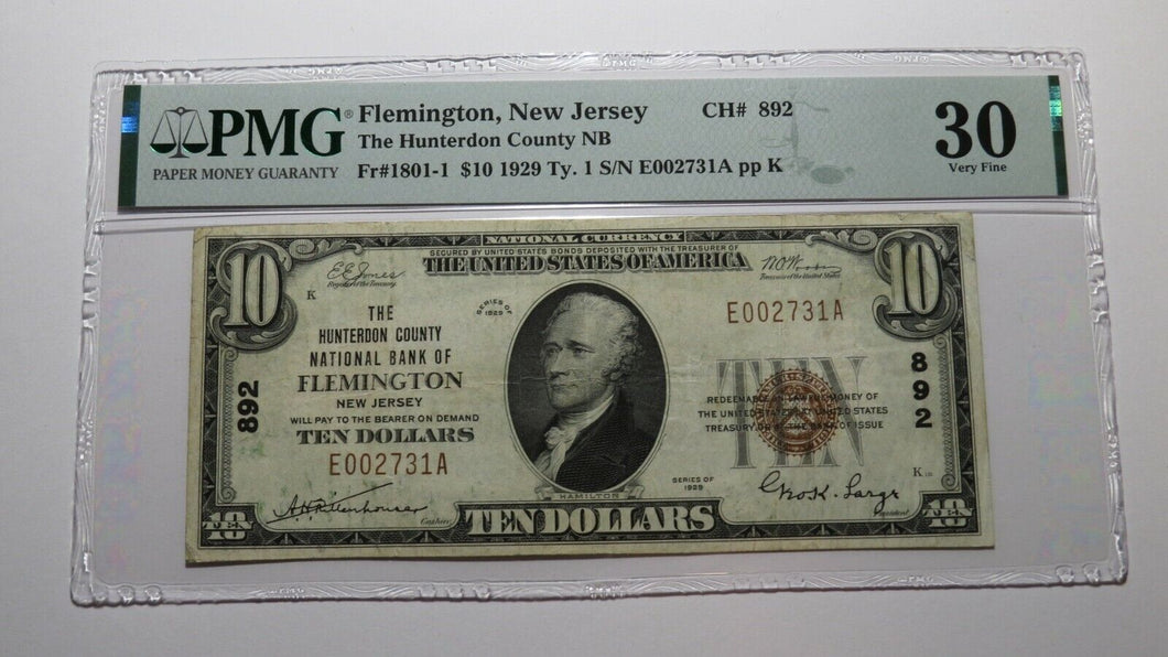 $10 1929 Flemington New Jersey NJ National Currency Bank Note Bill Ch. #892 VF30