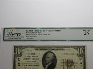 $10 1929 Jersey Shore Pennsylvania National Currency Bank Note Bill #13197 VF25