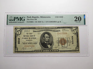 $5 1929 Park Rapids Minnesota MN National Currency Bank Note Bill Ch. #5542 VF20