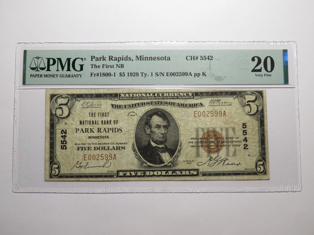 $5 1929 Park Rapids Minnesota MN National Currency Bank Note Bill Ch. #5542 VF20