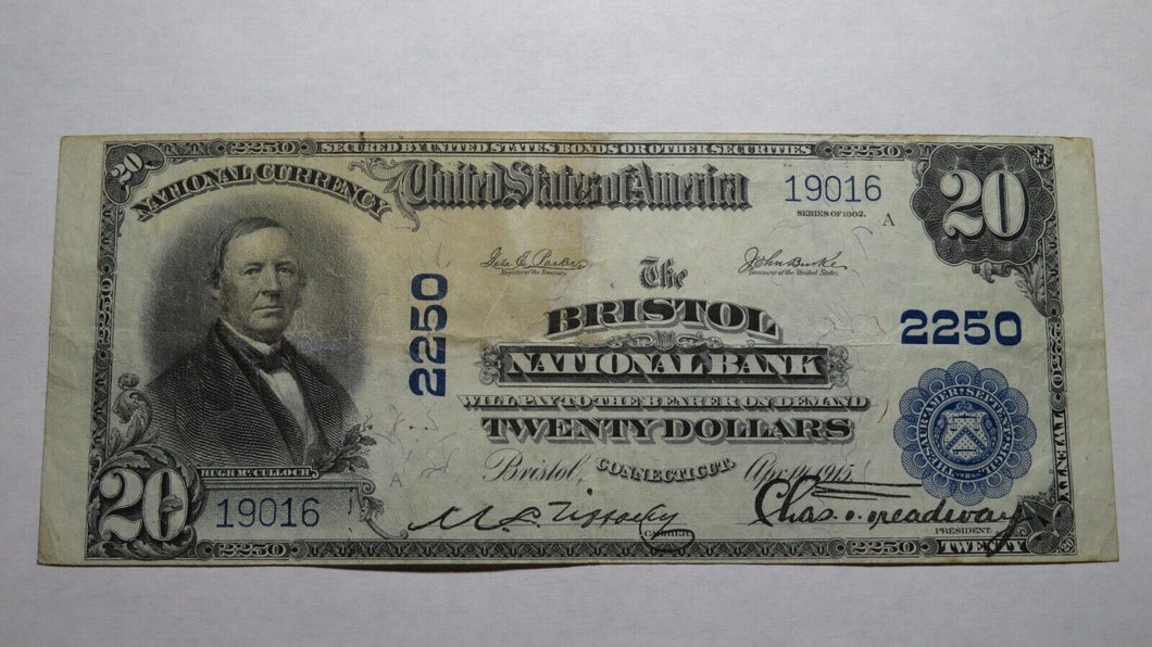 $20 1902 Bristol Connecticut CT National Currency Bank Note Bill! Ch. #2250 VF+