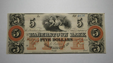 $5 18__ Hagerstown Maryland MD Obsolete Currency Bank Note Bill! Hagerstown Bank