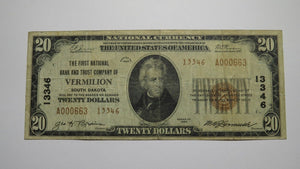 $20 1929 Vermilion South Dakota SD National Currency Bank Note Bill Ch. #13346