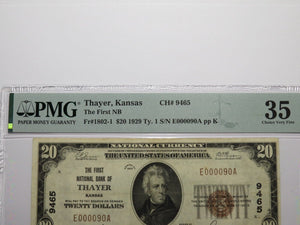 $20 1929 Thayer Kansas KS National Currency Bank Note Bill Ch. #9465 VF35 PMG