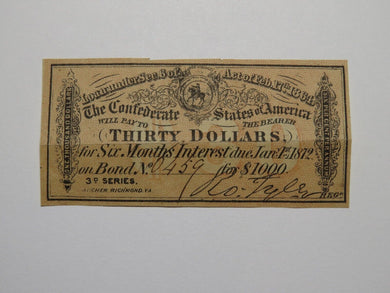 $30 1864 Confederate Bond Coupon Certificate Currency Bank Note Bill RARE!