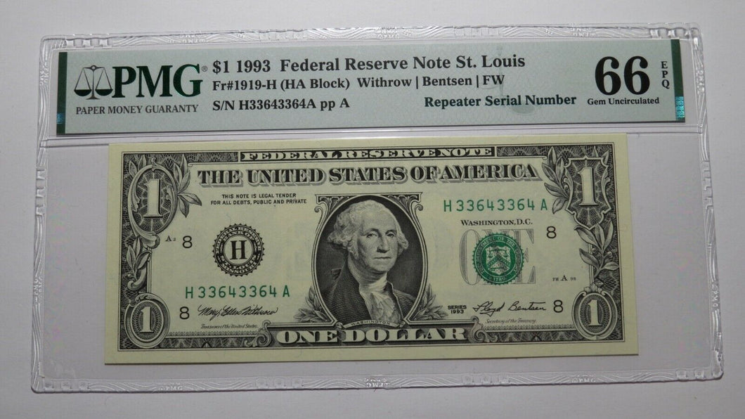 $1 1993 Repeater Serial Number Federal Reserve Currency Bank Note Bill UNC66EPQ