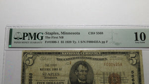 $5 1929 Staples Minnesota MN National Currency Bank Note Bill Ch #5568 VG10 PMG